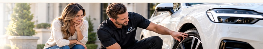 Technician pointing to a wheel while speaking with a customer at her home